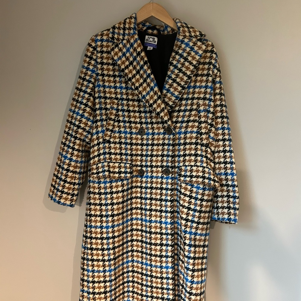 Houndstooth Long Coat in Blue, Brown & Black - Unbranded